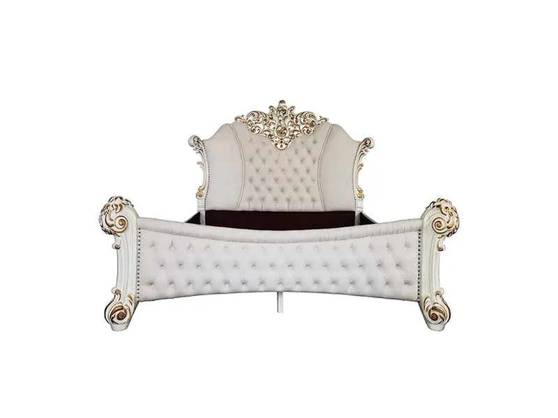 Wilson King Bed, Two Tone Ivory Fabric & Antique Pearl Finish iHome Studio