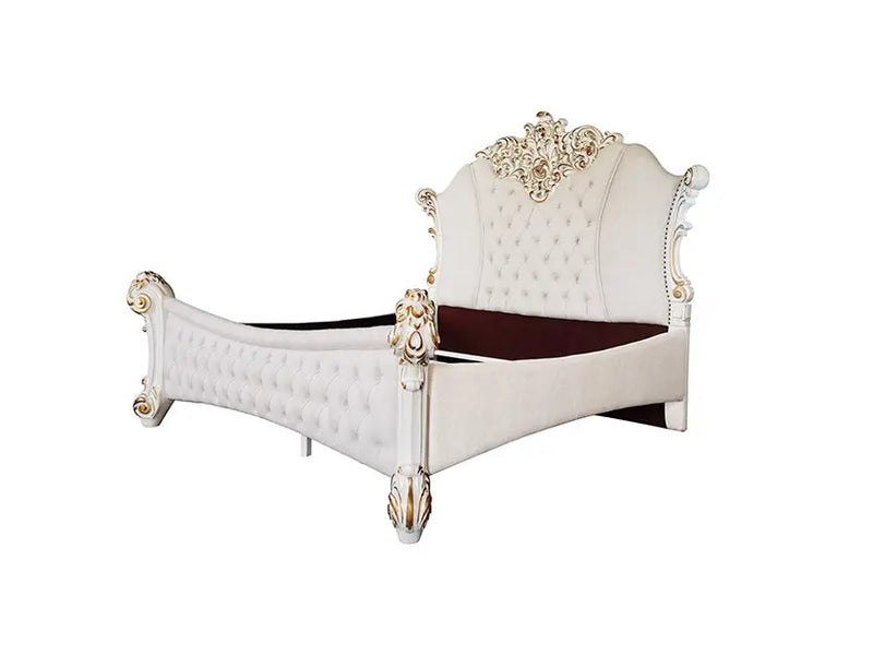 Wilson King Bed, Two Tone Ivory Fabric & Antique Pearl Finish iHome Studio