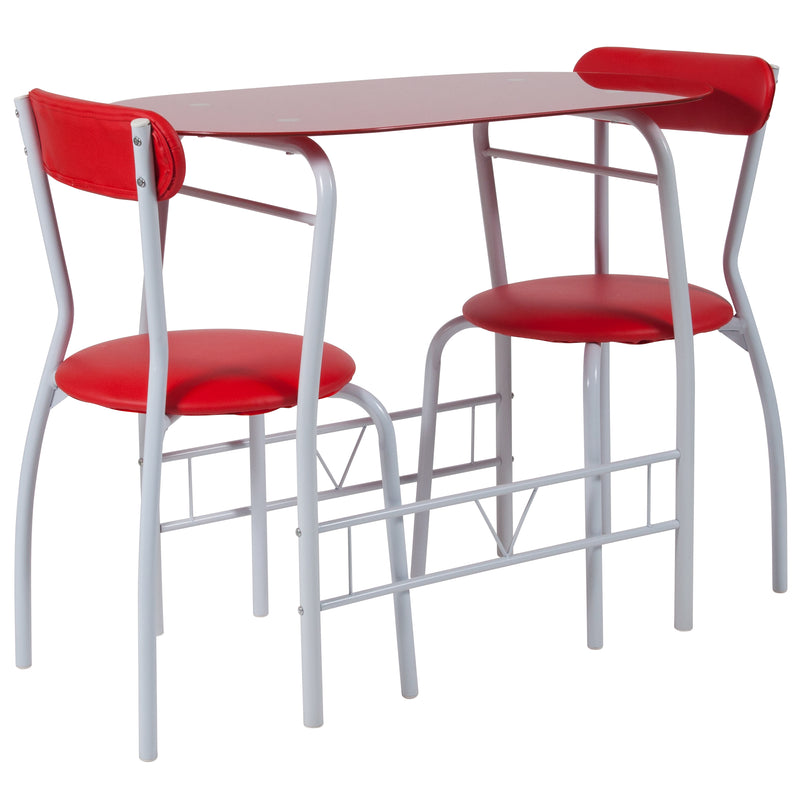 Sonya 3 Piece Bistro Set, Red Glass Top Table and Red Vinyl Padded Chairs iHome Studio