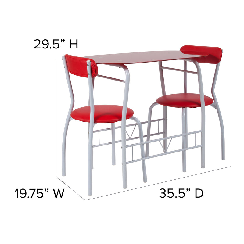 Sonya 3 Piece Bistro Set, Red Glass Top Table and Red Vinyl Padded Chairs iHome Studio