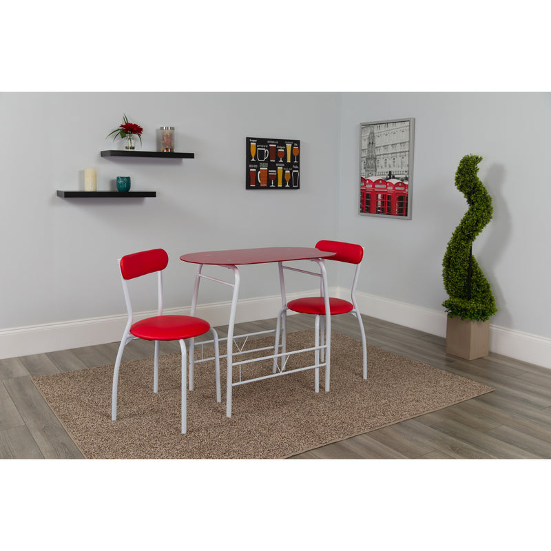 Sonya 3 Piece Bistro Set, Red Glass Top Table and Red Vinyl Padded Chairs iHome Studio