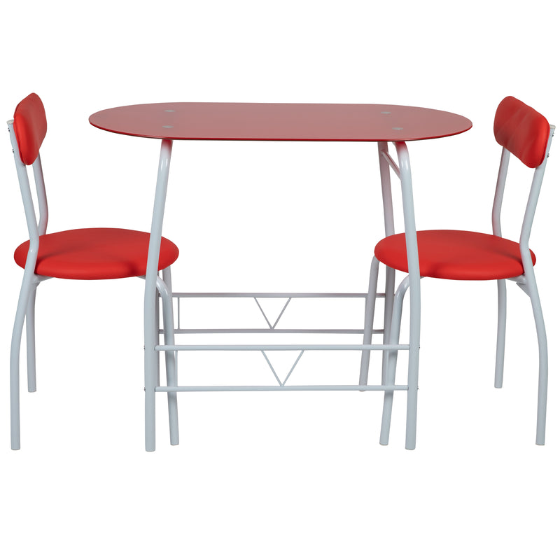 Sonya 3 Piece Bistro Set, Red Glass Top Table and Red Vinyl Padded Chairs iHome Studio