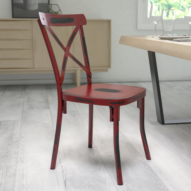 Casey Metal Cross Back Dining Chair - Distressed Red Finish iHome Studio