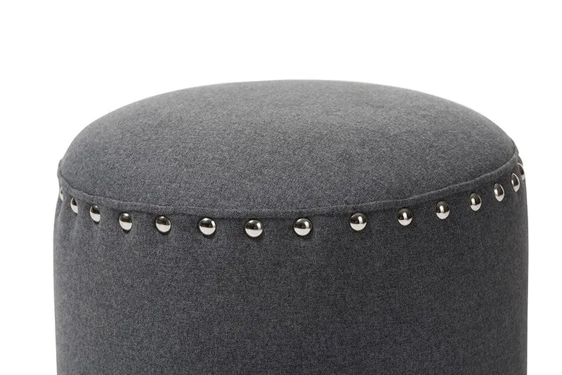 Xavier Dark Grey Fabric Upholstered Nail Trim Ottoman iHome Studio