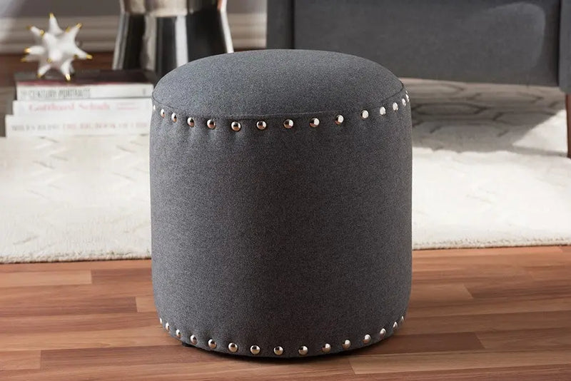 Xavier Dark Grey Fabric Upholstered Nail Trim Ottoman iHome Studio