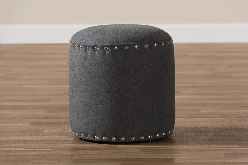 Xavier Dark Grey Fabric Upholstered Nail Trim Ottoman iHome Studio