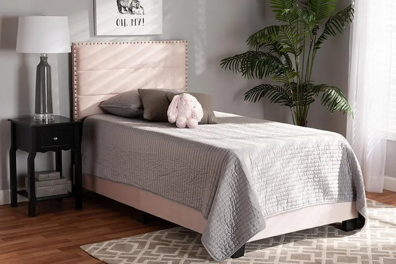 Yolanda Light Pink Velvet Fabric Upholstered Panel Bed (Twin) iHome Studio