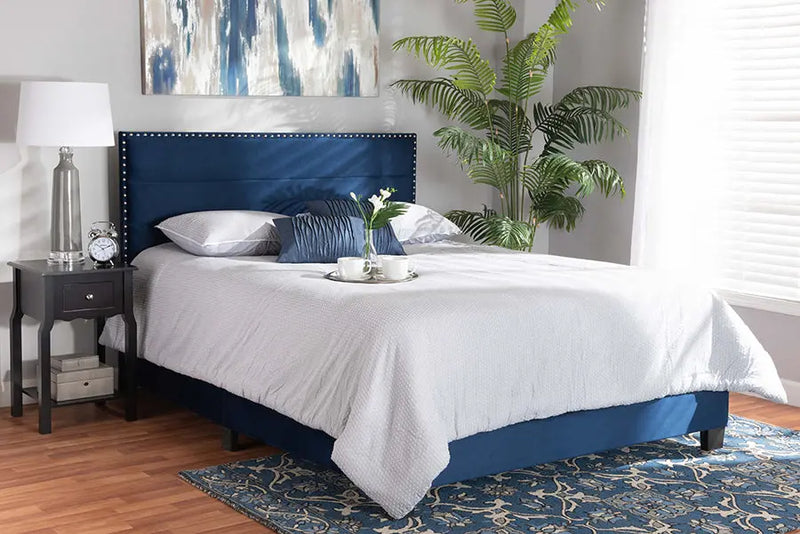 Yolanda Navy Blue Velvet Fabric Upholstered Panel Bed (Queen) iHome Studio