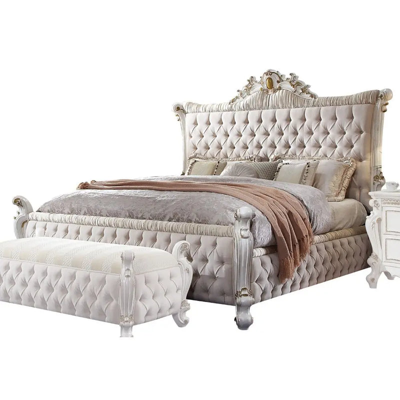 Zane Button Tufted California King Bed, Fabric & Antique Pearl iHome Studio