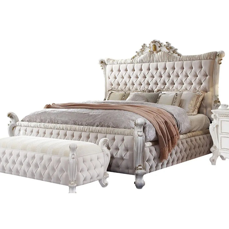 Zane Button Tufted King Bed, Fabric & Antique Pearl iHome Studio