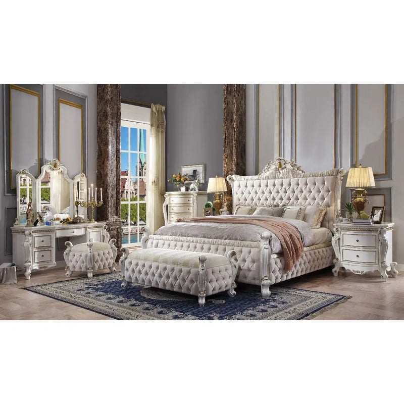 Zane Button Tufted Queen Bed, Fabric & Antique Pearl iHome Studio