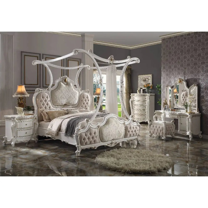 Zane California King Bed w/Canopy, Fabric & Antique Pearl iHome Studio