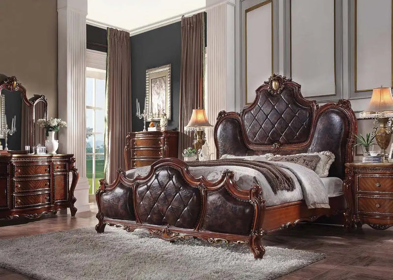 Zane California King Bed w/Oversized Scrolled Moldings, Brown Faux Leather & Cherry Oak iHome Studio
