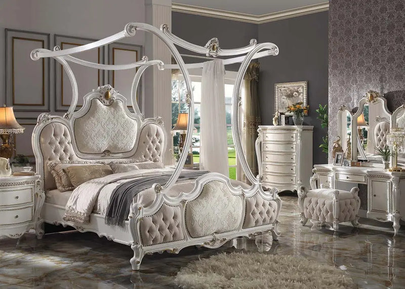 Zane King Bed w/Canopy, Fabric & Antique Pearl iHome Studio