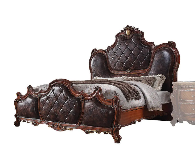 Zane King Bed w/Oversized Scrolled Moldings, Brown Faux Leather & Cherry Oak iHome Studio