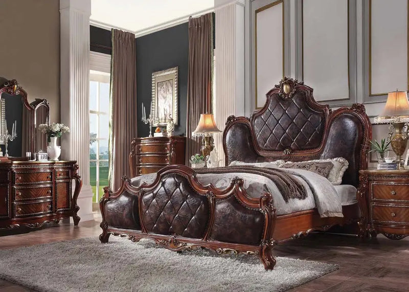 Zane King Bed w/Oversized Scrolled Moldings, Brown Faux Leather & Cherry Oak iHome Studio