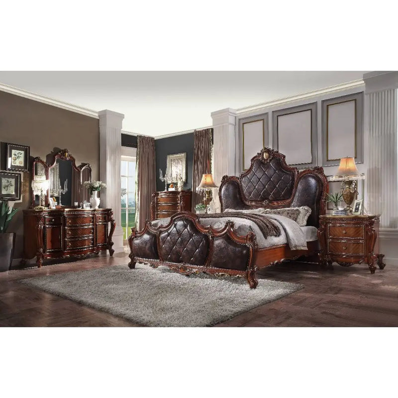 Zane Queen Bed w/Oversized Scrolled Moldings, Brown Faux Leather & Cherry Oak iHome Studio