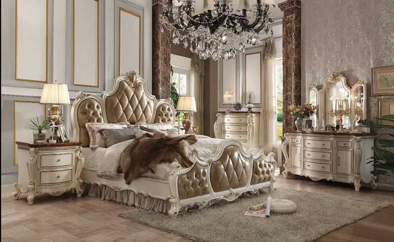 Zane Queen Bed w/Tufted Headboard and Footboard, Butterscotch Faux Leather & Antique Pearl iHome Studio